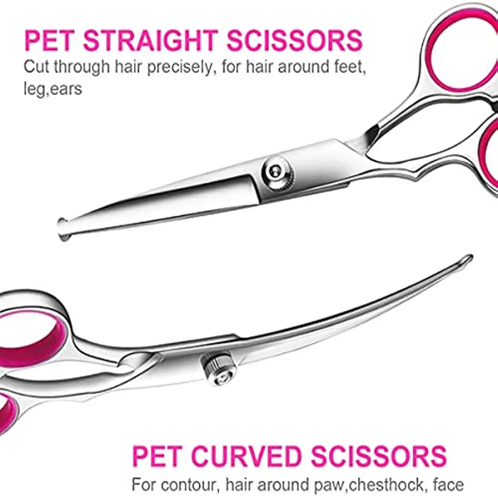 Pet Dog Cat Grooming Scissors Kit Safety round Tips Thinning  Set with Straight And Curved Blades Comb Professional Dog Groomer