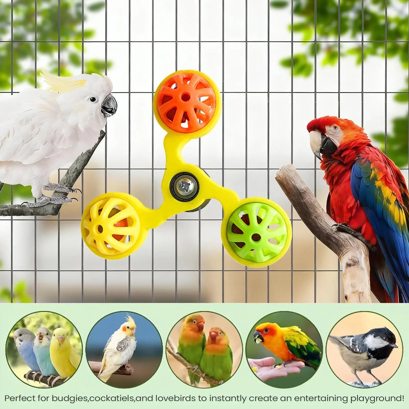 Bird Toys Fun Rotating Windmill with 3 Bells Bird Cage Toys for Parakeet Conure Cockatiel Lovebird Enrichment Play Chewing