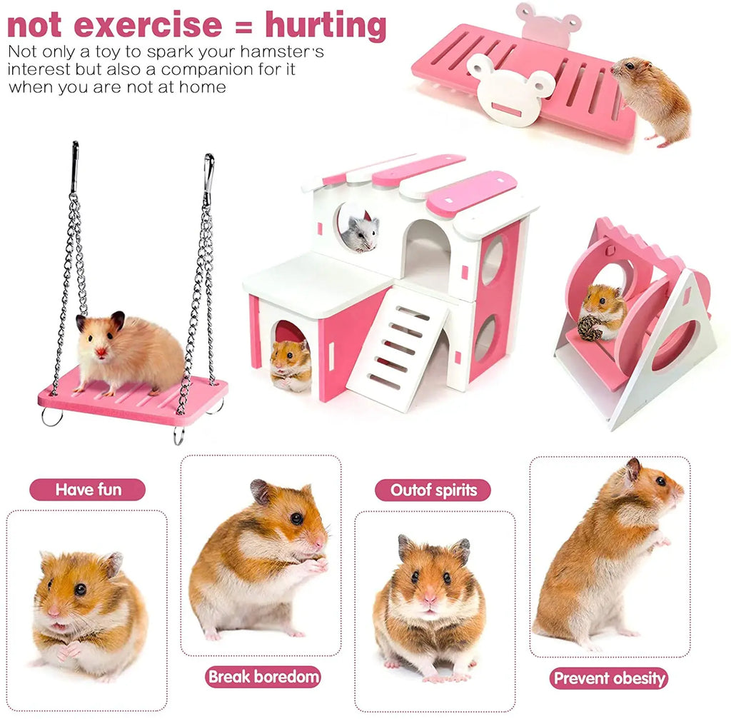 Hamster Play Toys Set Wooden Hamster House Boredom Breaker Activity Toy DIY Hamster Cage Accessories for Small Pets