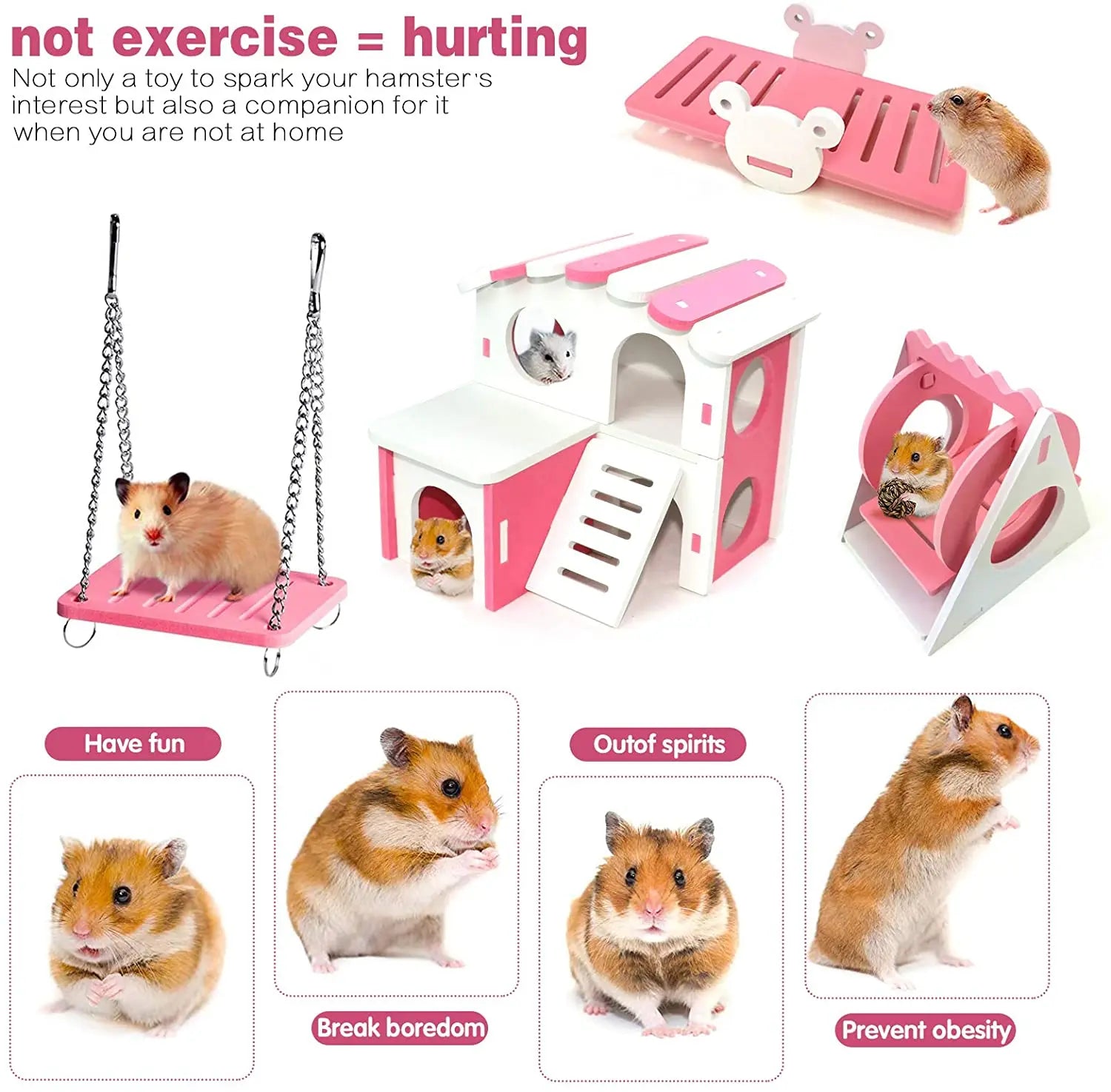 Hamster Play Toys Set Wooden Hamster House Boredom Breaker Activity Toy DIY Hamster Cage Accessories for Small Pets