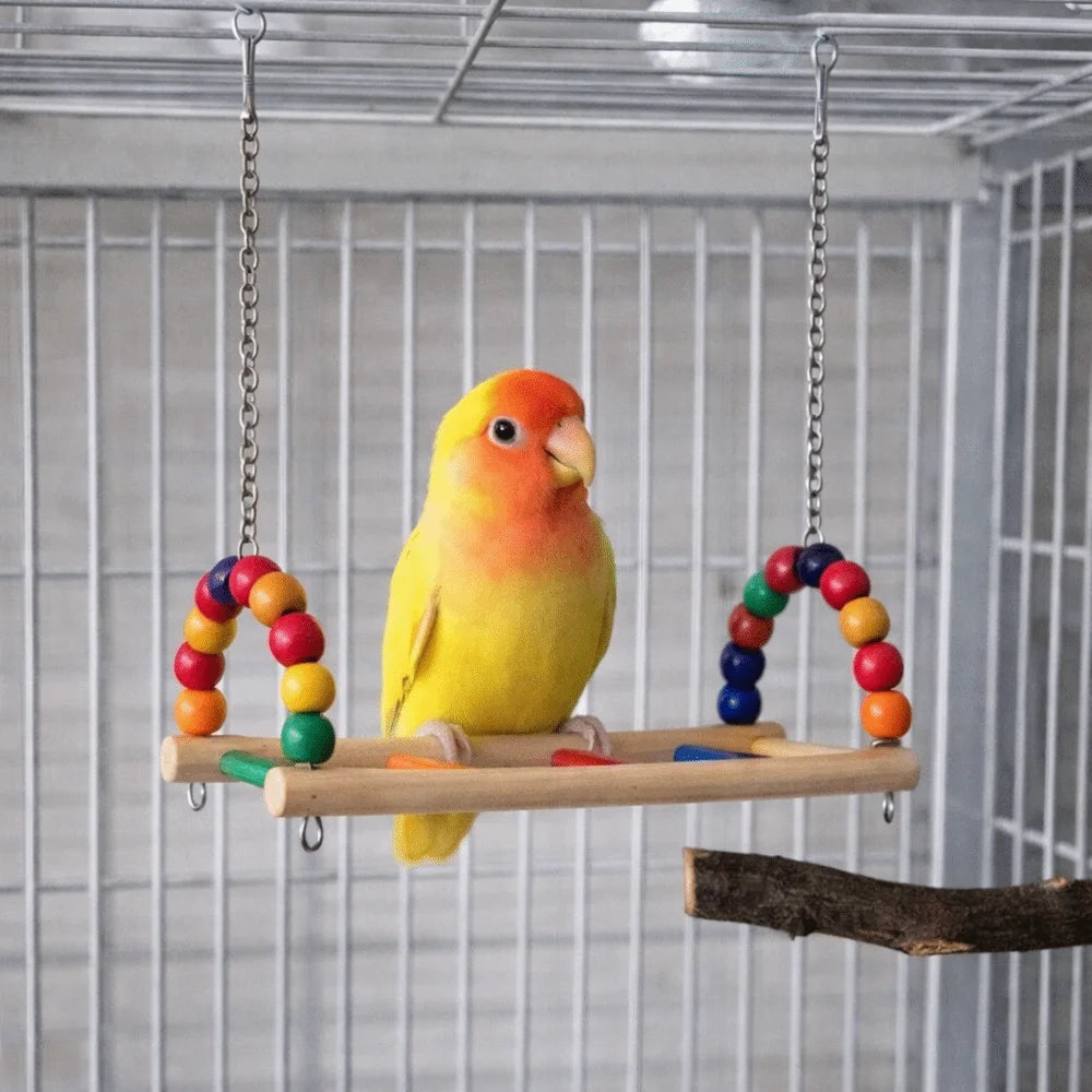 Bird Perch Stand Bite Resistant Parrot Swing Wooden Hanging Beads Bird Colorful Bird Cage Standing Training