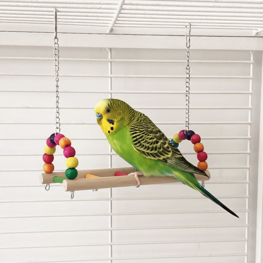 Bird Perch Stand Bite Resistant Parrot Swing Wooden Hanging Beads Bird Colorful Bird Cage Standing Training