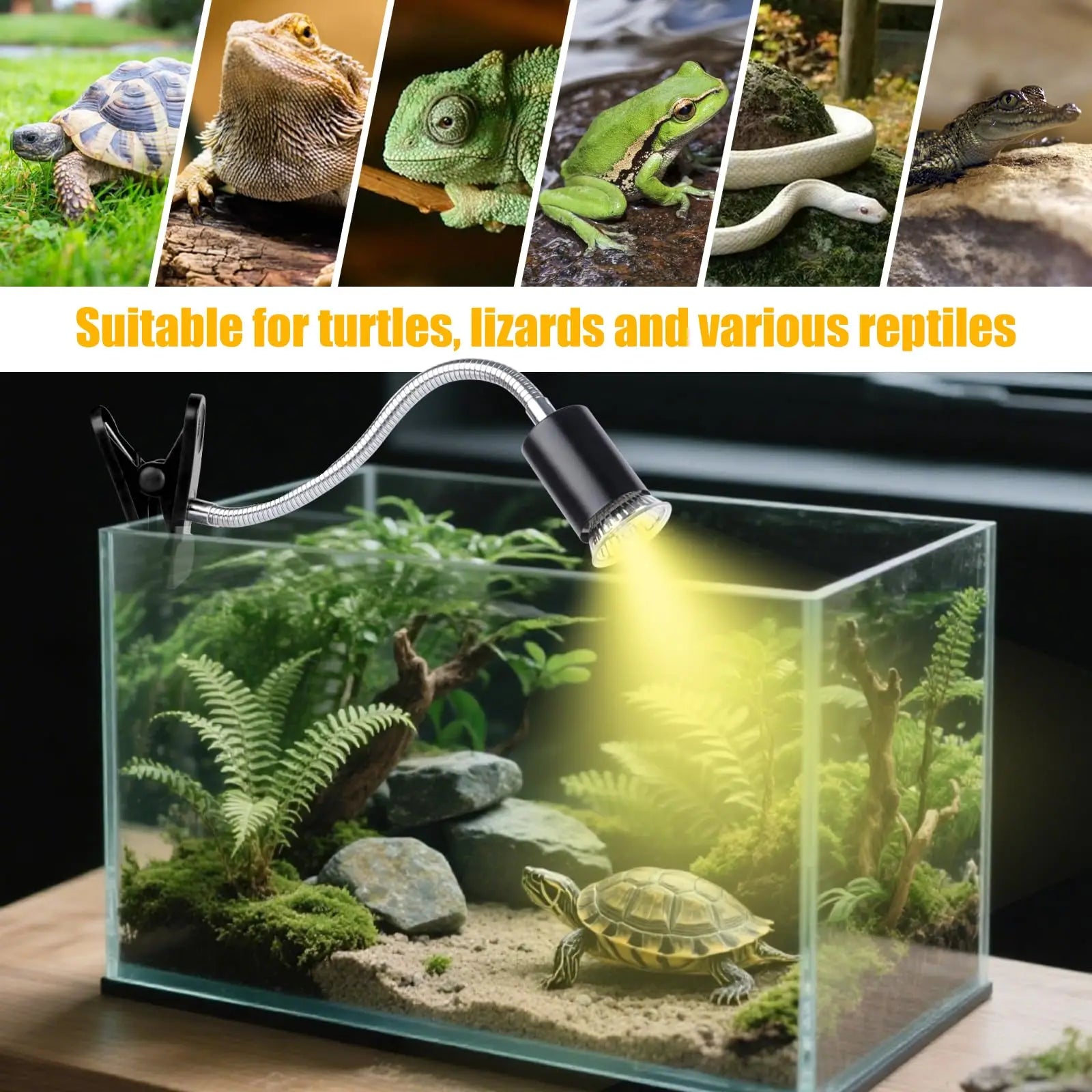 Reptile Heat Lamp Double-Head Heat Lamp with Clamp UVA UVB Reptile Light with Intelligent Cycle Timer with 2 Bulbs 25W+50W